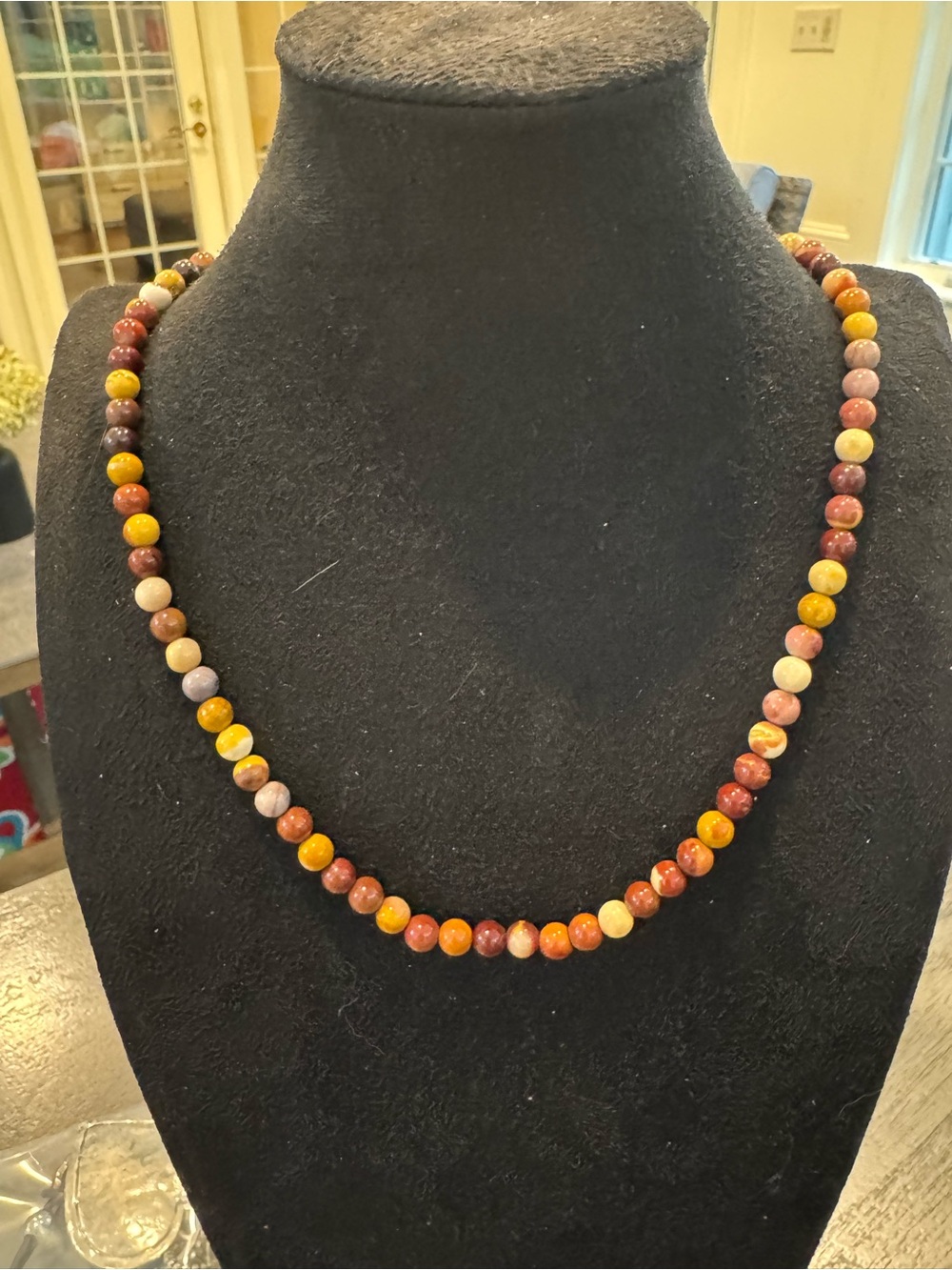 Long Multicolor Beaded Necklace Earth Tone Stone Look Beads Knotted Tassel Boho